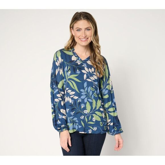 Belle by Kim Gravel Women's Top Sz S Organic Floral Peasant Sleeve Blue A677096 - Picture 1 of 4
